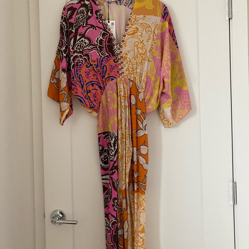 NWT XS Zara Multicolor Beaded MIDI Dress